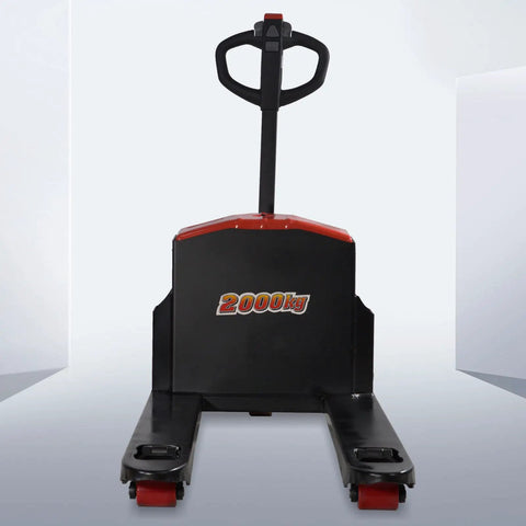 Heavy Duty 4400 Lb Electric Pallet Jack Truck With 48 By 27 Inch Forks, Built In Lead Acid Battery, Ergonomic Control Handle, Emergency Key, Perfect For Warehouse Inventory And Supermarket Material Handling viewed from front with clear identification of control handle.