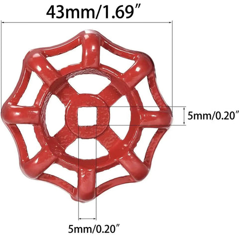 No Fuss Cast Iron Faucet Handle With Bold Red Wheel Grip, 43mm diameter, 5x5mm square stem for plumbing valve replacement.