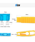Dimensions of components in 120 Piece Standard Blade Fuse Kit for Cars, Trucks and Boats with 5 7.5 10 15 20 25 30 Amp Fuses