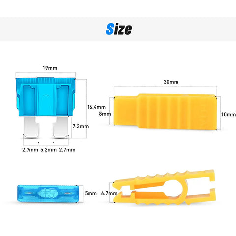 Dimensions of components in 120 Piece Standard Blade Fuse Kit for Cars, Trucks and Boats with 5 7.5 10 15 20 25 30 Amp Fuses