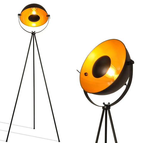 Industrial Tripod LED Floor Lamp Dope Lighting with vintage bowl shade showing black metal tripod and E26 base in close-up.