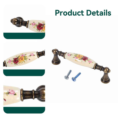 Vintage Ceramic Drawer Handles In Antique Bronze With Elegant Flower Pattern, shown with alloy drawer pulls and screws.