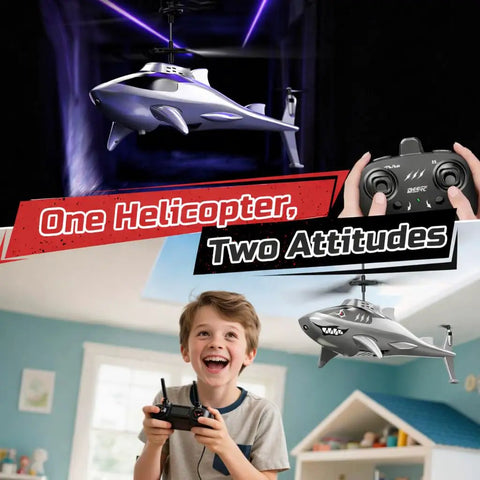 Shark Themed RC Helicopter For Kids And Adults With Altitude Hold One Key Takeoff And Landing Bright LED Lights in flight