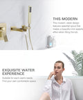 Brushed Gold Wall Mount Tub Faucet With Handheld Sprayer And Hand Shower, Sleek 3-Hole Contemporary Waterfall Design on wall