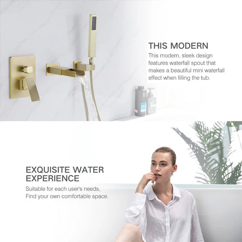 Brushed Gold Wall Mount Tub Faucet With Handheld Sprayer And Hand Shower, Sleek 3-Hole Contemporary Waterfall Design on wall