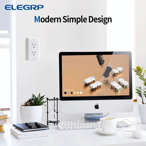 Decorator Receptacle 15A 125V Standard Wall Outlet NEMA 5 15R shown beside an office computer setup with plants and accessories.