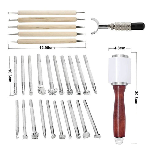Leather Craft Tools Kit With 20 Leather Stamping Tools, Leather Hammer, Swivel Knife, 5 Tracing Pens And 4 Tracing Papers