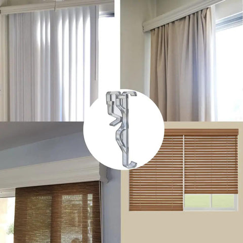 No Sweat 10 Pack Clear Plastic Valance Clips For Window Blinds two point five inch hidden retainer holders displayed with various window treatments.