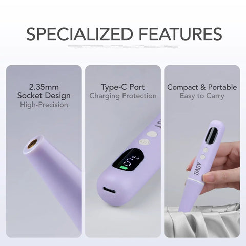Effortless Cordless Nail Drill And Electric Nail File With Bright LED Display and Nine Precision Speeds showing the purple 2.35mm socket design.