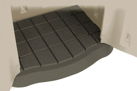 Interior view of Compact Outdoor Resin Storage Shed With Floor showing weather-resistant floor panels for garden tools and patio items.