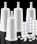 Game Changer 4 Pack Water Filter Refills With 30 Descaling Tablets Compatible With Breville Barista Pro Oracle Touch Dual Boiler Espresso Gear No Sweat Cleaning Every Single Day, white filter cartridges and cleaning tablets.