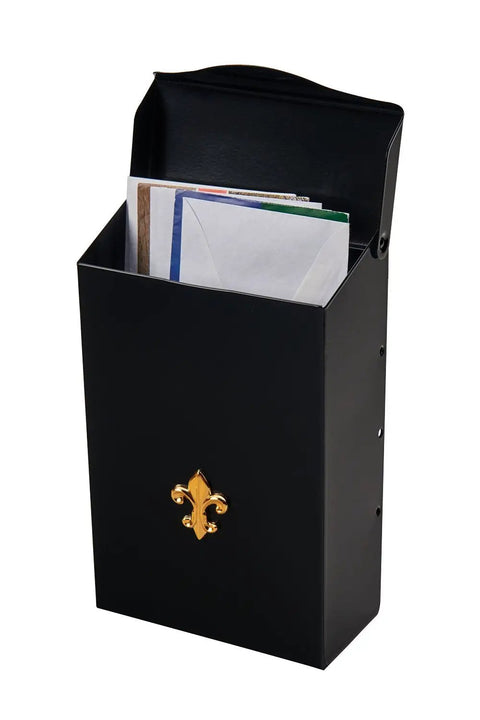 Classic Small Capacity Galvanized Steel Black Wall Mount Mailbox With Weatherproof Rust Resistant Finish Easy Lift Tab Lid Optional Fleur De Lis Emblem Mounting Guide Included BW110000, showing open lid with mail inside and fleur de lis emblem on front