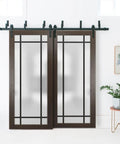 Frosted Glass Barn Style Sliding Closet Doors With Hardware Set For Two Doors Includes Rails Floor Guides Anti Jump Pins And Door Stops Modern Wood Look In Chocolate Ash Finish 84 By 96 Inches Total (2 Panels Of 42x96)