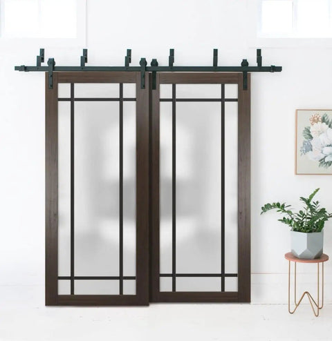 Frosted Glass Barn Style Sliding Closet Doors With Hardware Set For Two Doors Includes Rails Floor Guides Anti Jump Pins And Door Stops Modern Wood Look In Chocolate Ash Finish 84 By 96 Inches Total (2 Panels Of 42x96)