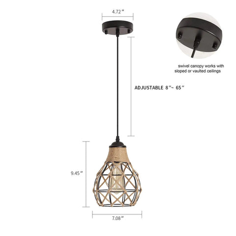 Rustic Industrial Woven Pendant Light With Hemp Rope Cage, One Light Adjustable Fixture For Kitchen Island Cafe Bar And Farmhouse