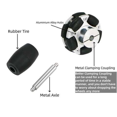 60mm Omni Wheel for Robotics with aluminum hubs, rubber tire, metal clamping coupling, and metal axle for omnidirectional movement.