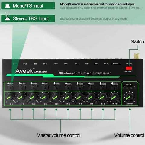 Front view of 10 Channel Mini Stereo Audio Mixer Low Noise For Precision Sub Mixing with control dials and labeled inputs.