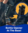 Hand using Bristle Free Grill Brush With Steam Power For Outdoor Grills Steel Scraper And Scrub Pad FlexTexture Core bottle opener.