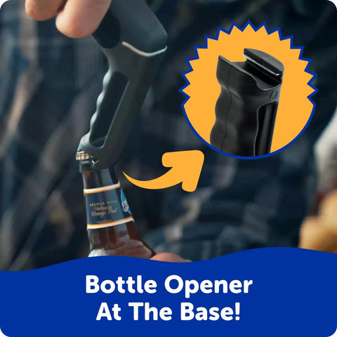 Hand using Bristle Free Grill Brush With Steam Power For Outdoor Grills Steel Scraper And Scrub Pad FlexTexture Core bottle opener.