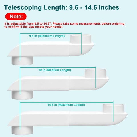 No Sweat Adjustable Telescoping Periscope Dryer Vent With Four Inch Stainless Steel Slim Flat Flex Hose, showing lengths of 9.5 to 14.5 inches.