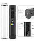 360 Degree Magnetic Handheld Light Wand With 2000mAh Battery, 2500-9000K Dimmable RGB Tube Light showing dimensions and ports