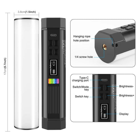 360 Degree Magnetic Handheld Light Wand With 2000mAh Battery, 2500-9000K Dimmable RGB Tube Light showing dimensions and ports