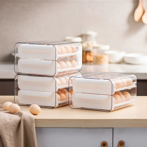Four clear stackable trays of Big Capacity Fridge Egg Organizer With 2 Stackable Clear Trays Holds Up To 32 Eggs on kitchen counter.