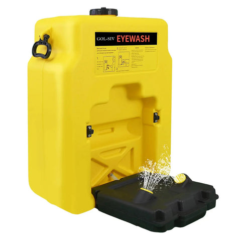 14 Gallon OSHA Approved Eye Wash Station Heavy Duty Portable Emergency Eye Wash Station, wall-mounted yellow unit with spray nozzle