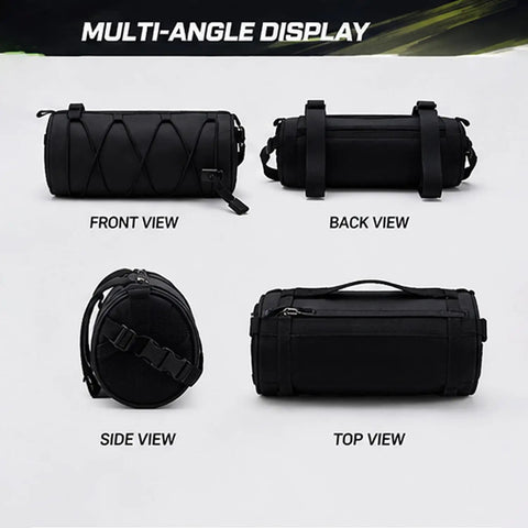 Multi-angle display of Waterproof Bike Handlebar Bag For Marin Rift Zone 2000 To 2025, durable Oxford cloth, black.