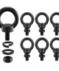 Stainless Steel Eye Bolts Kit M6 X 0.55 Inch With Nuts And Lock Washers, Black Shouldered Lifting Eyes, Heavy Duty Marine Tie Down Anchors For Thin Panels And Hulls, Approx 1/4 Inch Thread, set shown with nuts and washers