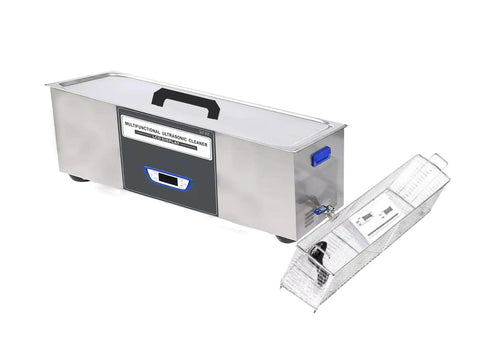 Knockout Grime Buster Heavy Duty 30L Digital Ultrasonic Cleaner With Heater And Timer, stainless steel with removable basket.