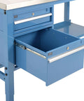 Built Like A Tank Heavy Duty Stainless Steel Workbench With Adjustable Legs Two Storage Drawers Industrial Strength Support Frame 5000 Lb Capacity 72 By 30 Inches Blue showing open storage drawer.