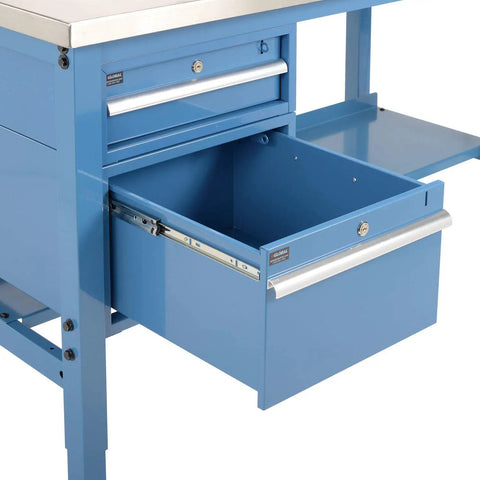 Built Like A Tank Heavy Duty Stainless Steel Workbench With Adjustable Legs Two Storage Drawers Industrial Strength Support Frame 5000 Lb Capacity 72 By 30 Inches Blue showing open storage drawer.