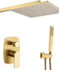 Premium Brushed Gold Shower Faucet Set Featuring 10 Inch Square Rainfall Head And Handheld Sprayer wall mounted kit.