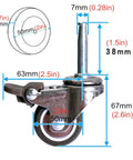 Heavy Duty Swivel Casters With Brakes For Cribs And Heavy Furniture Rubber Floor Friendly, 38mm stem, size measurements shown
