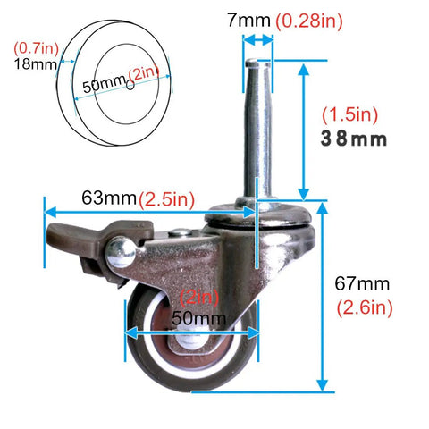 Heavy Duty Swivel Casters With Brakes For Cribs And Heavy Furniture Rubber Floor Friendly, 38mm stem, size measurements shown