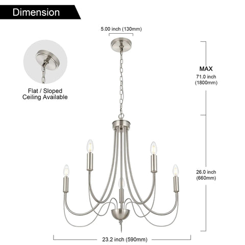 5 Light Brushed Nickel Farmhouse Chandelier Candelabra Style Modern Pendant Lighting dimensions diagram with adjustable chain