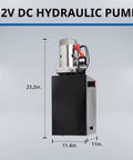 Beefy 12V DC Hydraulic Power Unit With 20 Quart Reservoir, 3200 PSI Single Acting Pump, front view with dimensions