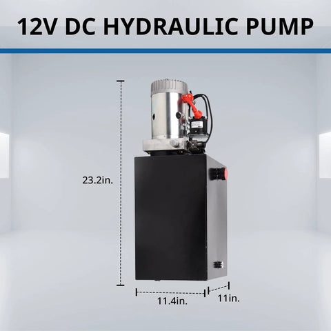 Beefy 12V DC Hydraulic Power Unit With 20 Quart Reservoir, 3200 PSI Single Acting Pump, front view with dimensions