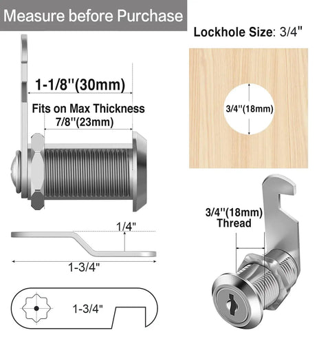 Diagram of 1-1/8 Inch Cam Lock Set Keyed Alike For Cabinets Drawers And Boxes Fits Doors Up To 7/8 Inch Thick Zinc Alloy 2 Pack