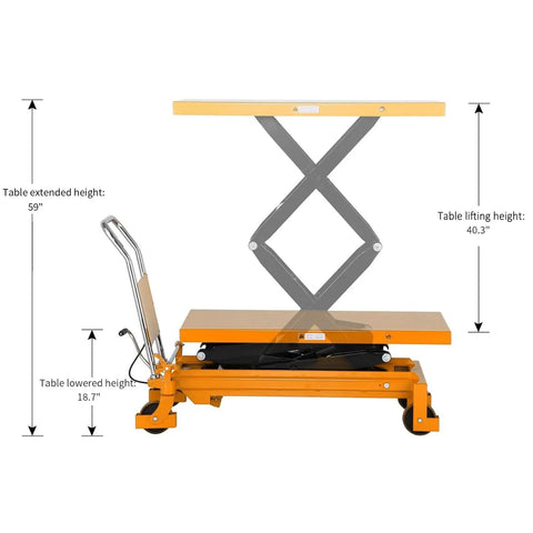 Heavy Duty Double Scissor Hydraulic Lift Cart Pack Of 10 With Rock Solid 1760 Lb Rating And Roomy 48 By 24 Inch Platform, side view with height measurements.