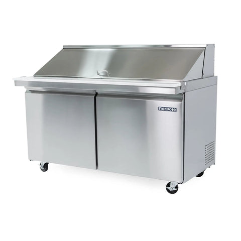 Rugged Heavy Duty Workhorse 15 Cubic Foot Commercial Refrigerator In Slick Stainless Steel with open top and double doors.