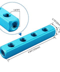 Aluminum Air Manifold Block 4 Way 7 Port with One Quarter Inch PT Threaded Ports, dimensions display, blue aluminum