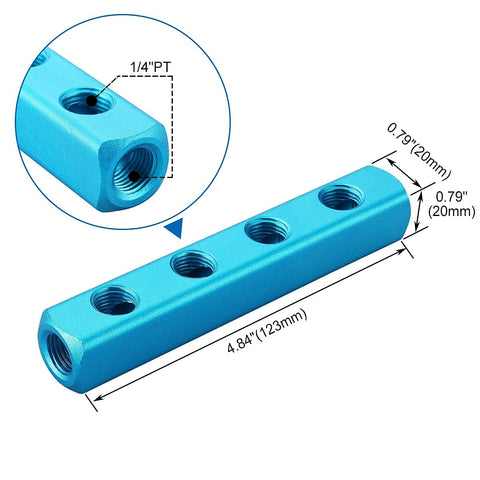 Aluminum Air Manifold Block 4 Way 7 Port with One Quarter Inch PT Threaded Ports, dimensions display, blue aluminum