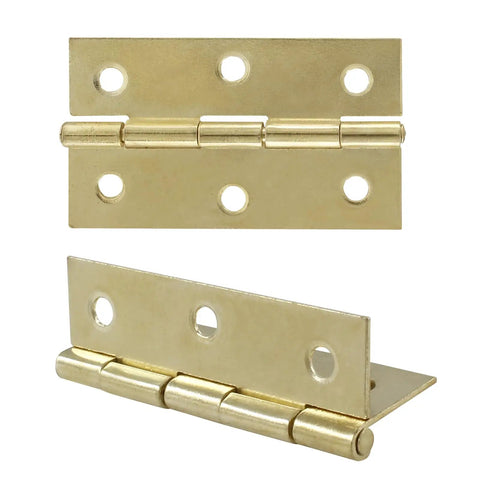 Heavy Duty 12 Pack 2.5 Inch Gold Door Hinges Vintage Cabinet Hardware Includes Extra Screws visible top and side view.