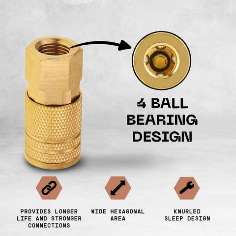 Female Air Coupler Set One Quarter Inch NPT Quick Connect Plug Kit Ten Pack Brass Finish Durable Iron Core With Brass Exterior Air Tool Fittings Set Built Tough For Air Tools And Air Compressors, close-up showing 4 ball bearing design and knurled surface.