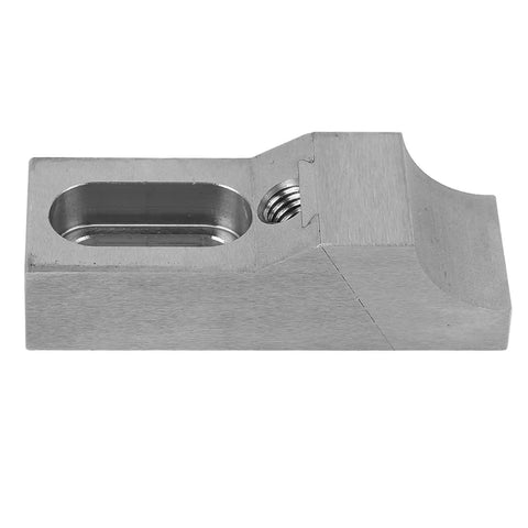 Close-up of a Compact Low Profile CNC Side Clamp Vise Made From Hardened S136H Mold Steel, showcasing precision design and threaded feature.