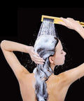 NUHSLF Shower System Luxury Brass Golden Shower Faucet Single Lever 8Inch Rain Shower Mixer Kit with Bidet Sprayer/Hand Shower/Tub Filler Rr22 D in use with woman shampooing hair.