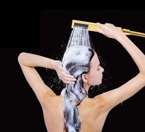 NUHSLF Shower System Luxury Brass Golden Shower Faucet Single Lever 8Inch Rain Shower Mixer Kit with Bidet Sprayer/Hand Shower/Tub Filler Rr22 D in use with woman shampooing hair.