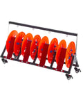 Heavy Duty Wire Spool Rack Dispenser with 1 2 3 4 5 Way Pay Off Holder for electrical and industrial use, steel frame with red spools
